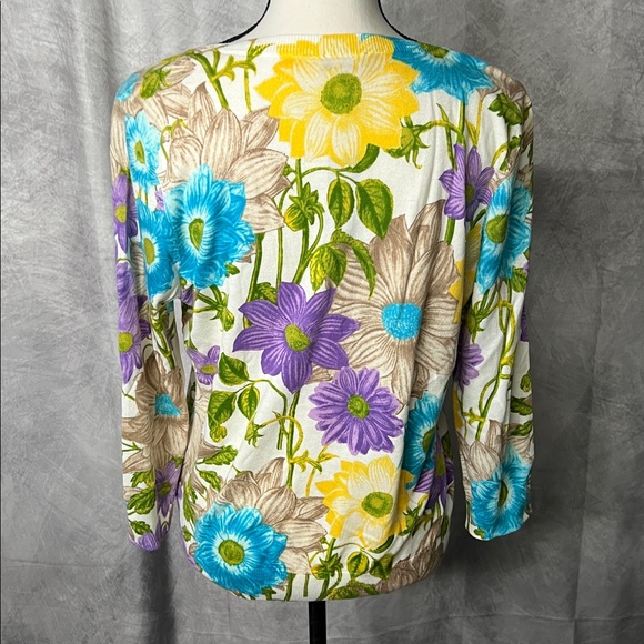 Talbots NWT Blue, Purple, Yellow, Green & Cream Floral 3/4 Sleeve Cardigan - LP - Picture 5 of 10